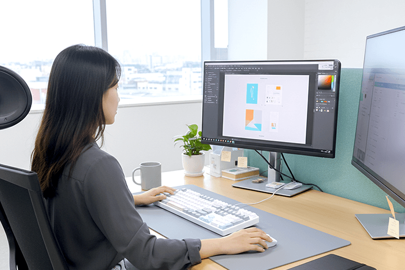 4_인력지원_5_그래픽 디자이너가 모니터로 인쇄 디자인 파일을 작업 중인 모습, 정돈된 사무 공간과 전문 장비 환경